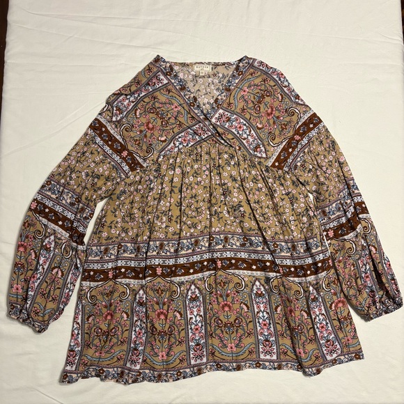 Hayden Tops - Hayden Tan Paisley Floral Flowy Boho Top V-Neck Long Sleeve Tunic